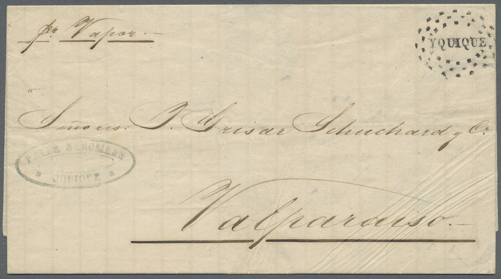 Br Chile: 1866 (31.5.), Stampless Folded Entire From YQUIQUE (scarce Dotted Pmk.) 'pr. Vapor' To Valparaiso, Minor Blemi - Chile