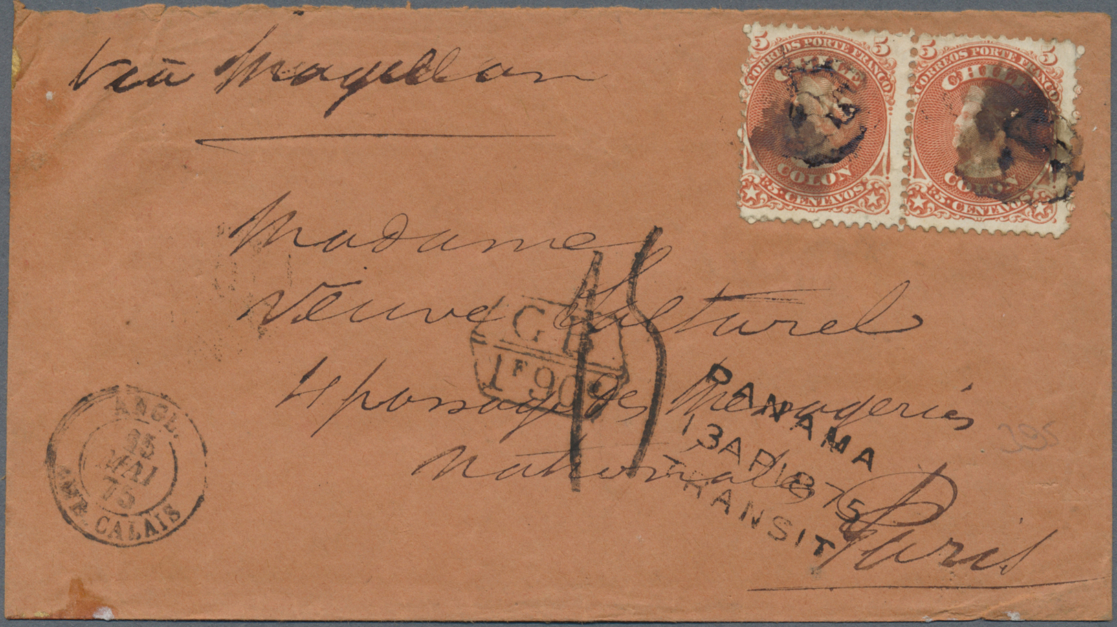 Br Chile: 1875. Envelope Addressed To France Bearing Chile Yvert 13, 5c Orange/red (pair) Tied By Cork Cachet With Valpa - Chile
