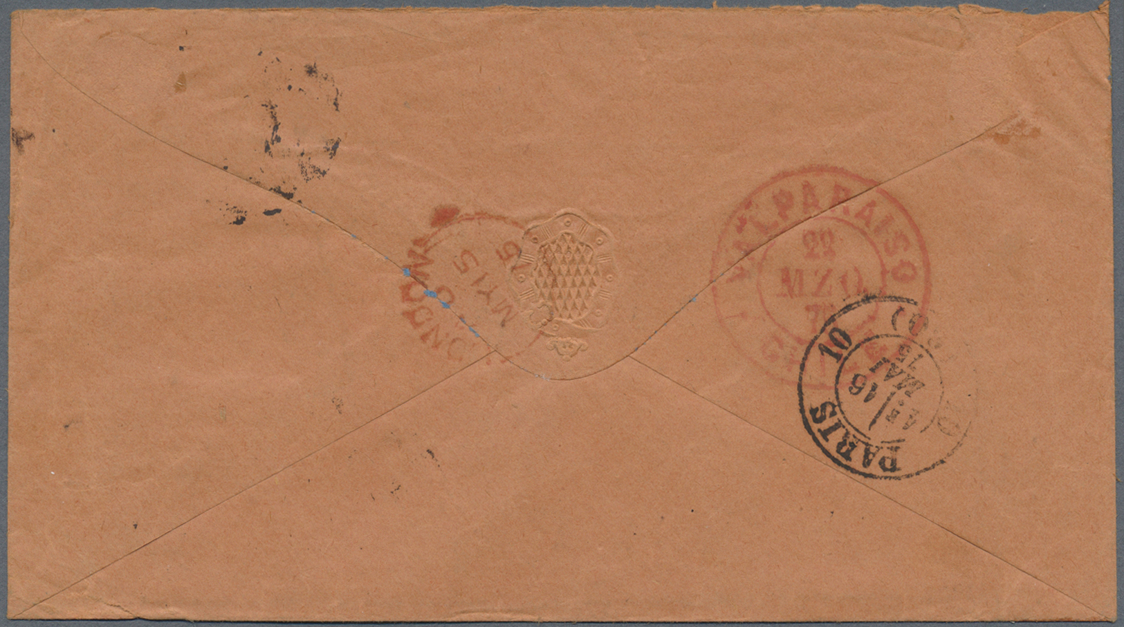 Br Chile: 1875. Envelope Addressed To France Bearing Chile Yvert 13, 5c Orange/red (pair) Tied By Cork Cachet With Valpa - Chile