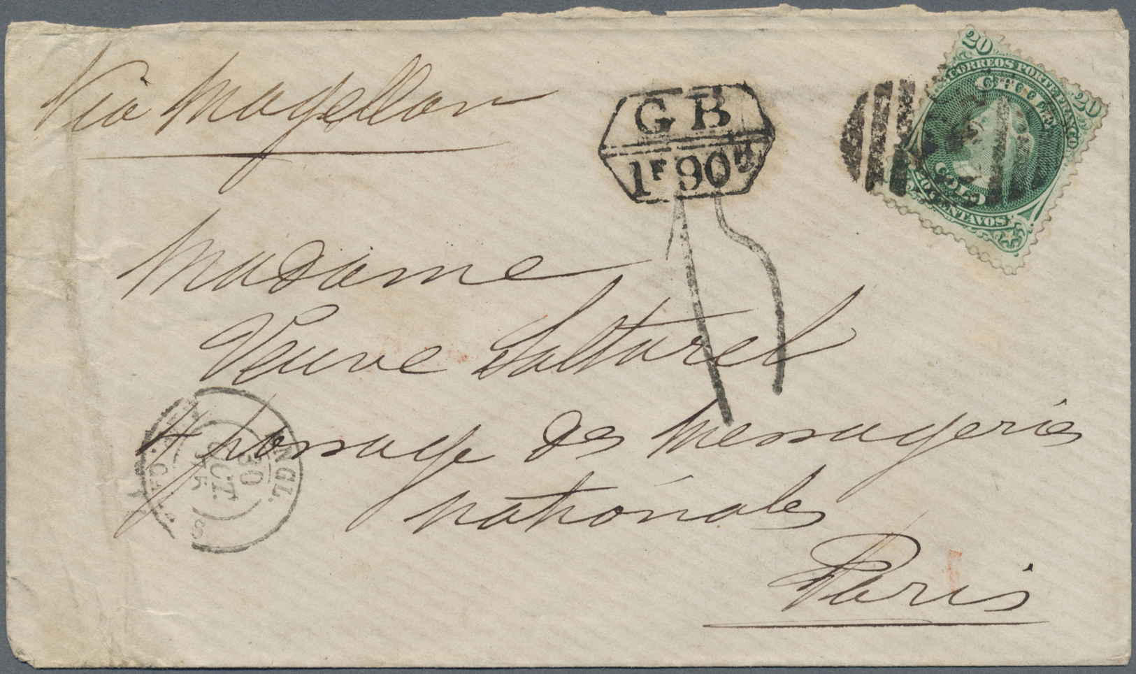 Br Chile: 1875. Envelope (creases) Addressed To France Bearing Chile Yvert 15, 20c Green Tied By British Post Office In  - Chile
