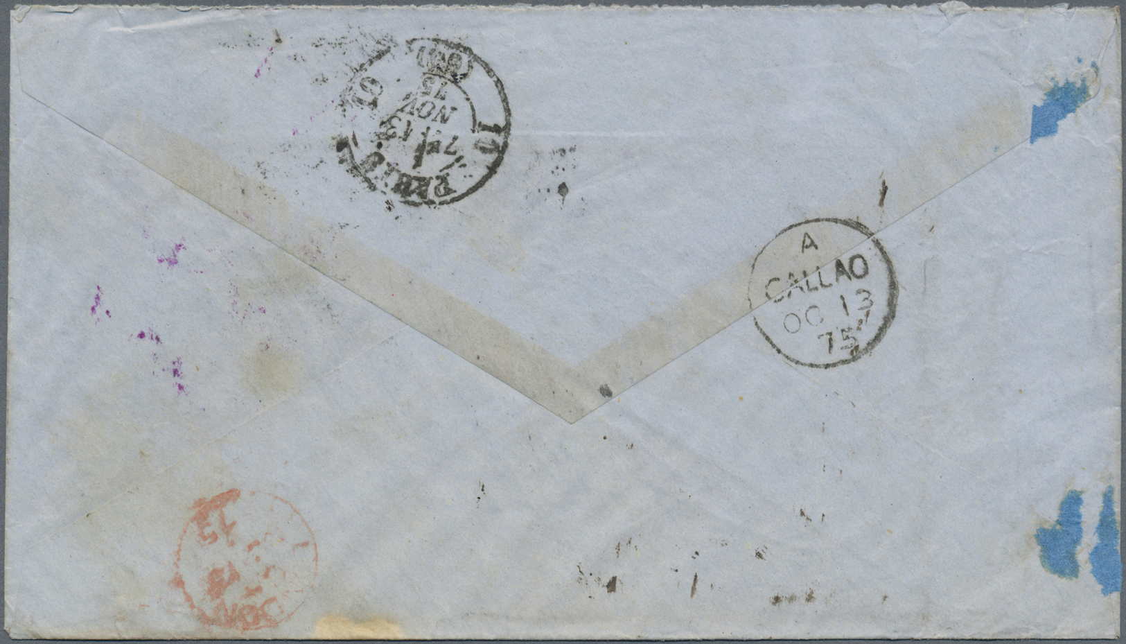 Br Chile: 1875. Envelope (creases) Addressed To France Bearing Chile Yvert 14. 10c Blue (small Faults) Tied By Cork Canc - Chile