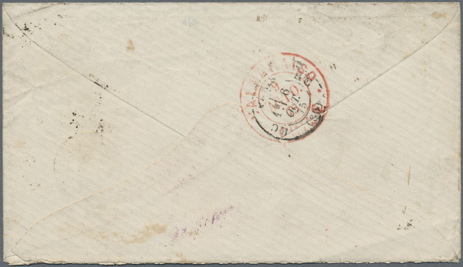 Br Chile: 1875. Envelope Addressed To France Bearing Chile Yvert 14, 10c Blue Tied By Cork Cachet With Tome/Chile Double - Chile