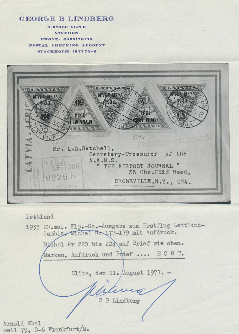 Br Lettland: 1933, Africaflight Issue Complete On Registered Letter From RIGA With "R" Numerator Mark To Bronxvil - Latvia