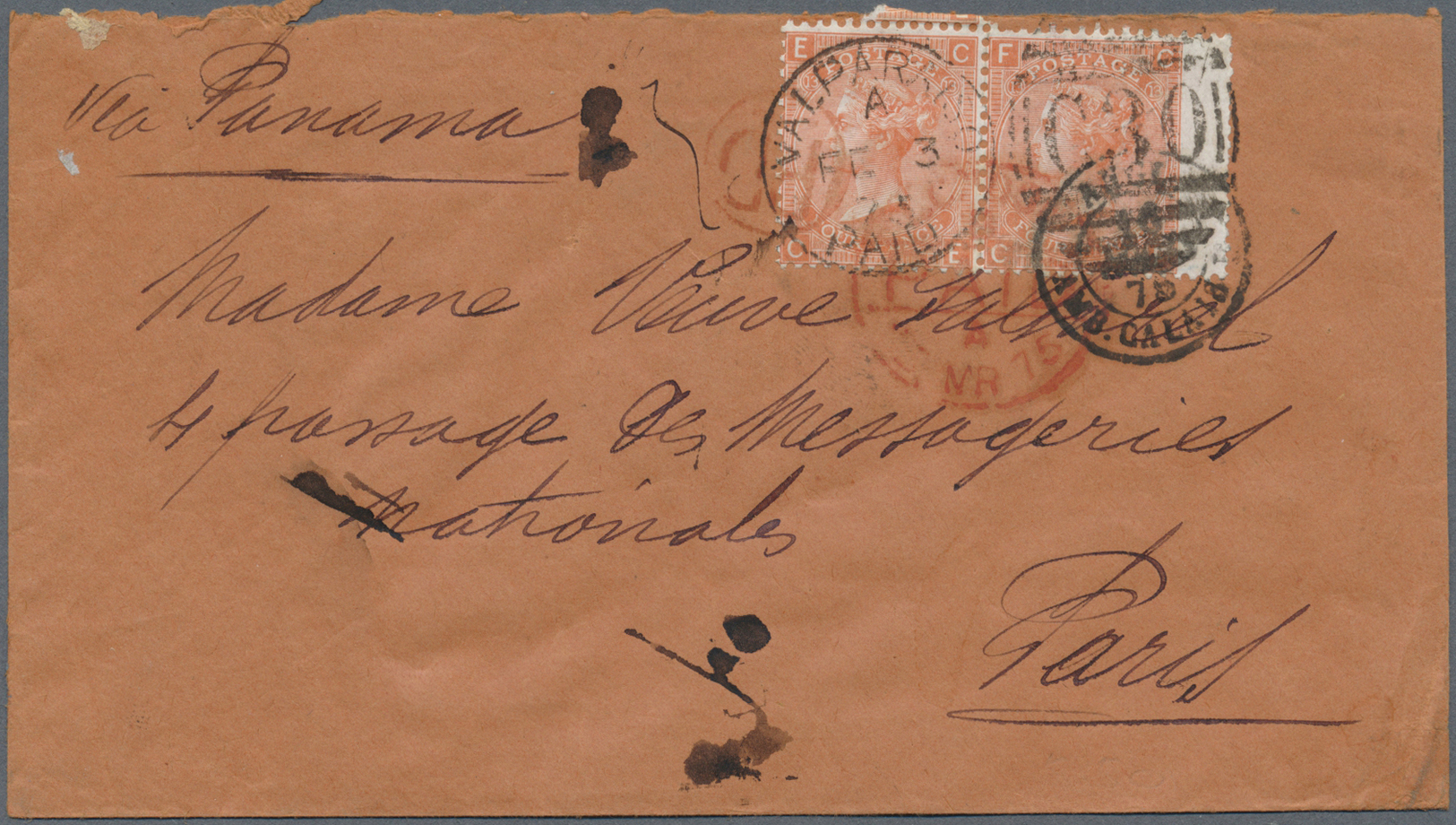 Br Chile: 1875 (British P.O.). Envelope Addressed To France Bearing Great Britain SG 94, 4d Vermillion (pair) Tied By C/ - Chile