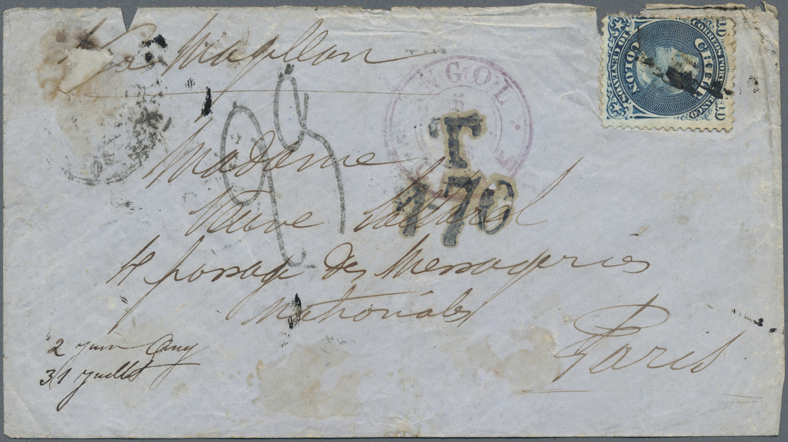 Br Chile: 1876. Envelope (faults) Addressed To France Bearing Chile Yvert 14. 10c Blue Tied By Cork Cancel With Adjacent - Chile