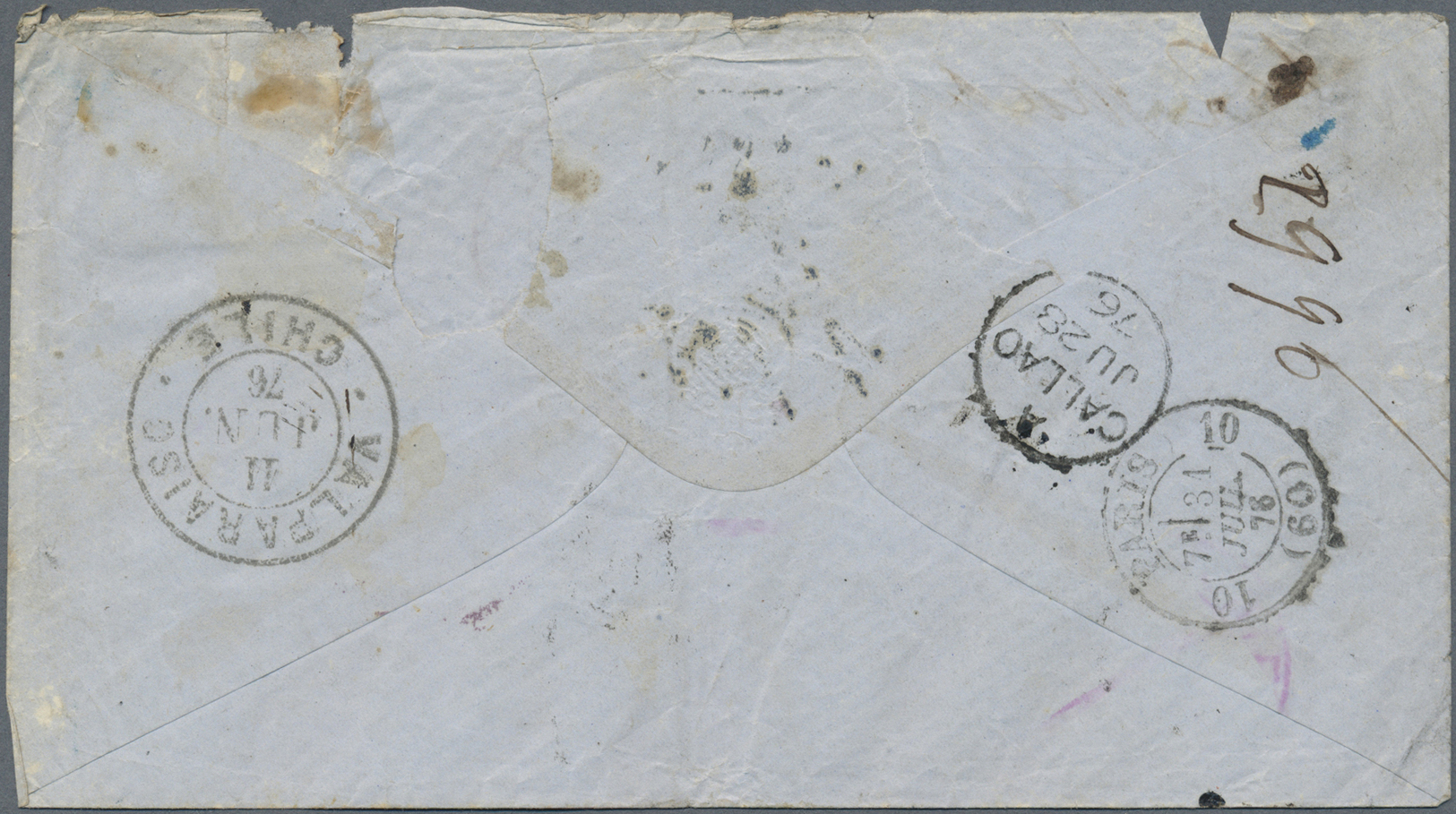Br Chile: 1876. Envelope (faults) Addressed To France Bearing Chile Yvert 14. 10c Blue Tied By Cork Cancel With Adjacent - Chile