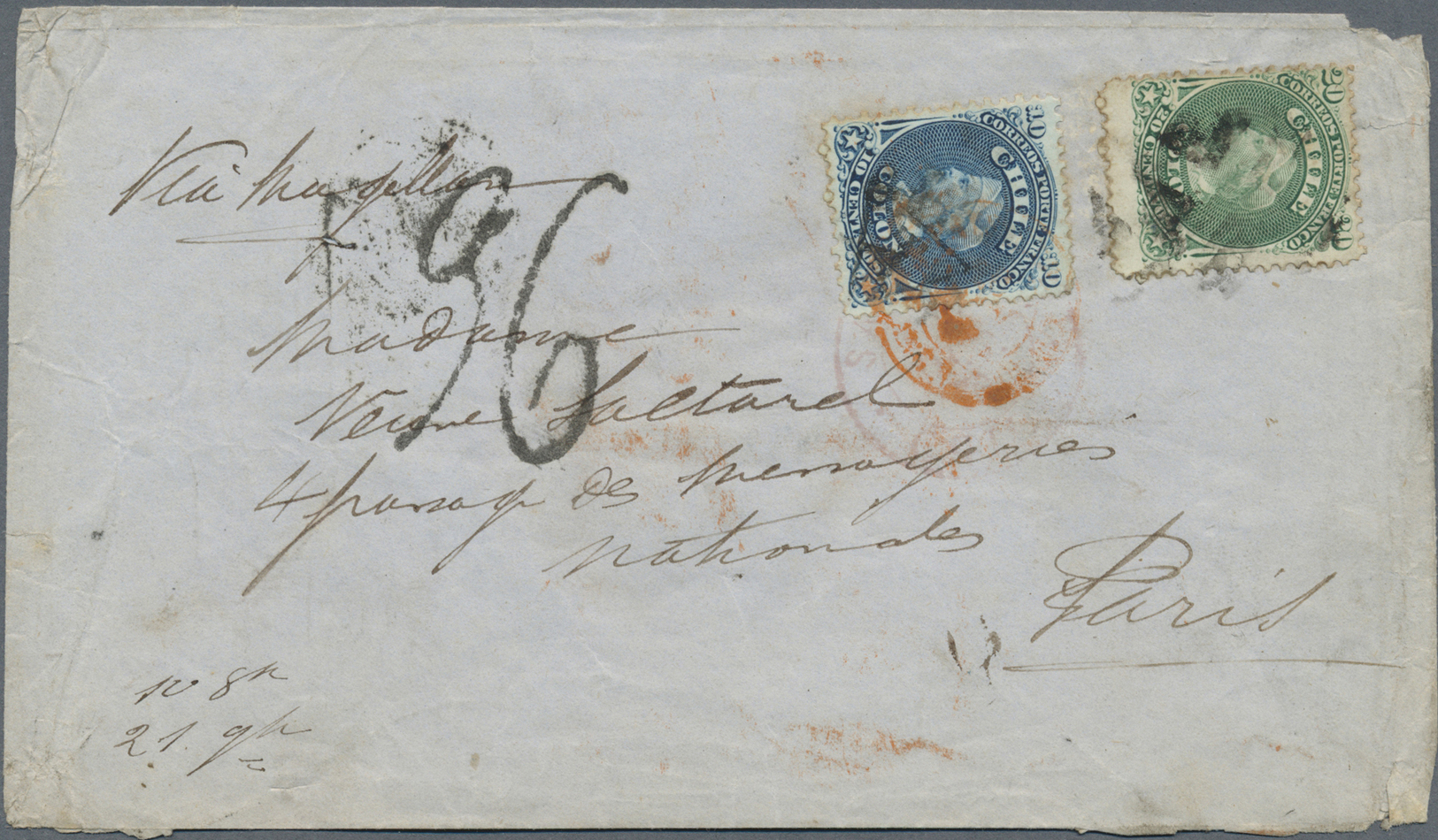 Br Chile: 1876. Envelope (creases, Tears) Addressed To France Bearing Chile Yvert 14. 10c Blue And Yvert 15, 20c Green T - Chile