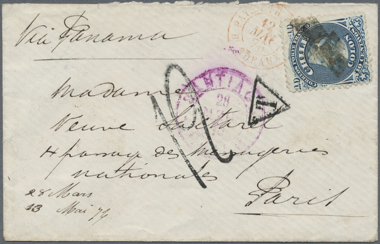 Br Chile: 1876. Envelope Addressed To France Bearing Chile Yvert 14. 10c Blue Tied By Cork Cancel With Santiago/Chile Do - Chile