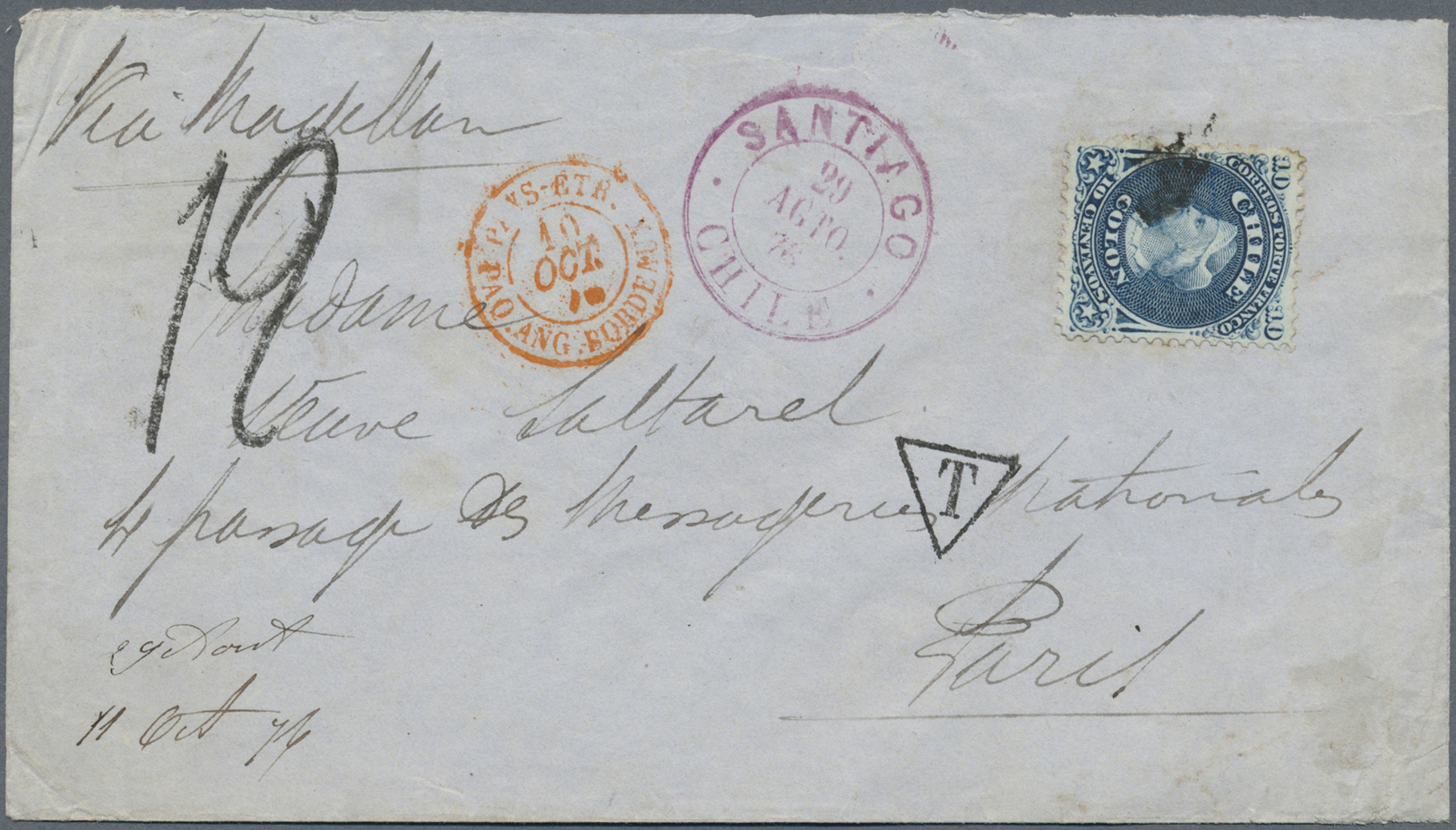 Br Chile: 1876. Envelope Addressed To France Bearing Chile Yvert 14. 10c Blue Tied By Cork Cancel With Santiago/Chile Do - Chile