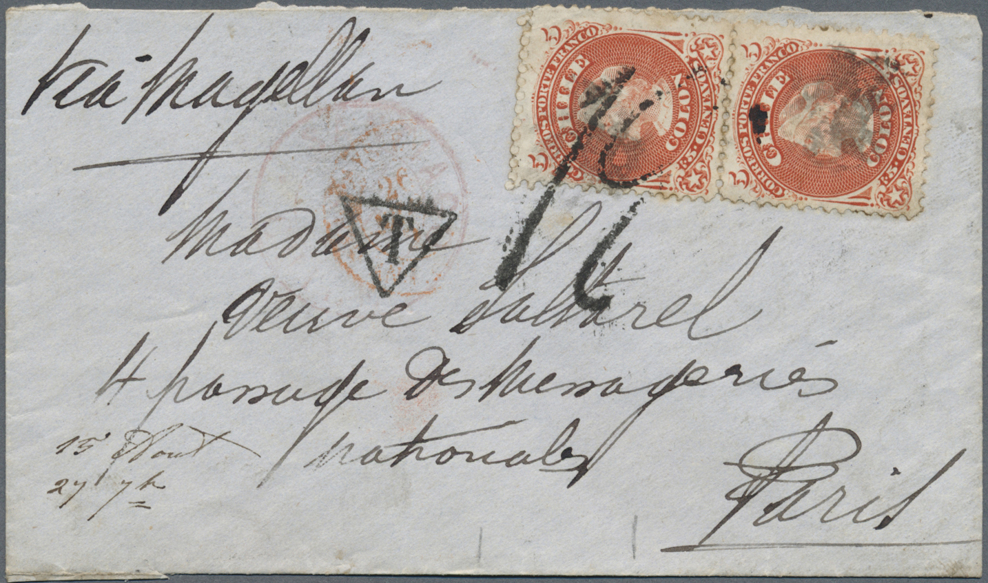 Br Chile: 1876. Envelope Addressed To France Bearing Chile Yvert 13, 5c Orange/red (2) Tied By Cork Cachet With Adjacent - Chile