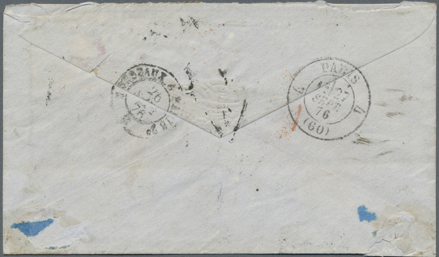 Br Chile: 1876. Envelope Addressed To France Bearing Chile Yvert 13, 5c Orange/red (2) Tied By Cork Cachet With Adjacent - Chile