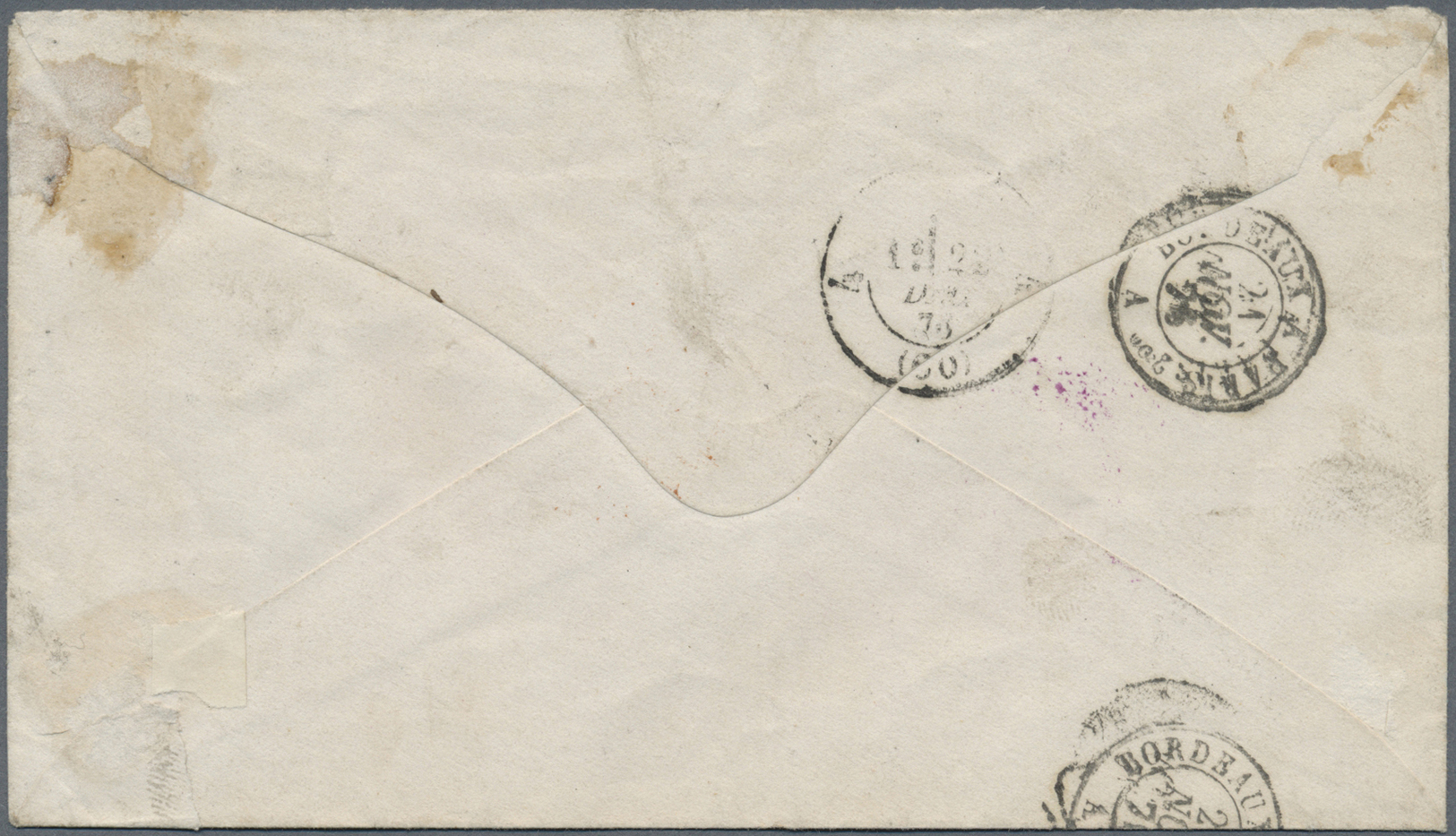 Br Chile: 1876. Envelope (stains) Addressed To France Bearing Chile Yvert 14. 10c Blue Tied By Cork Cancel With Adjacent - Chile