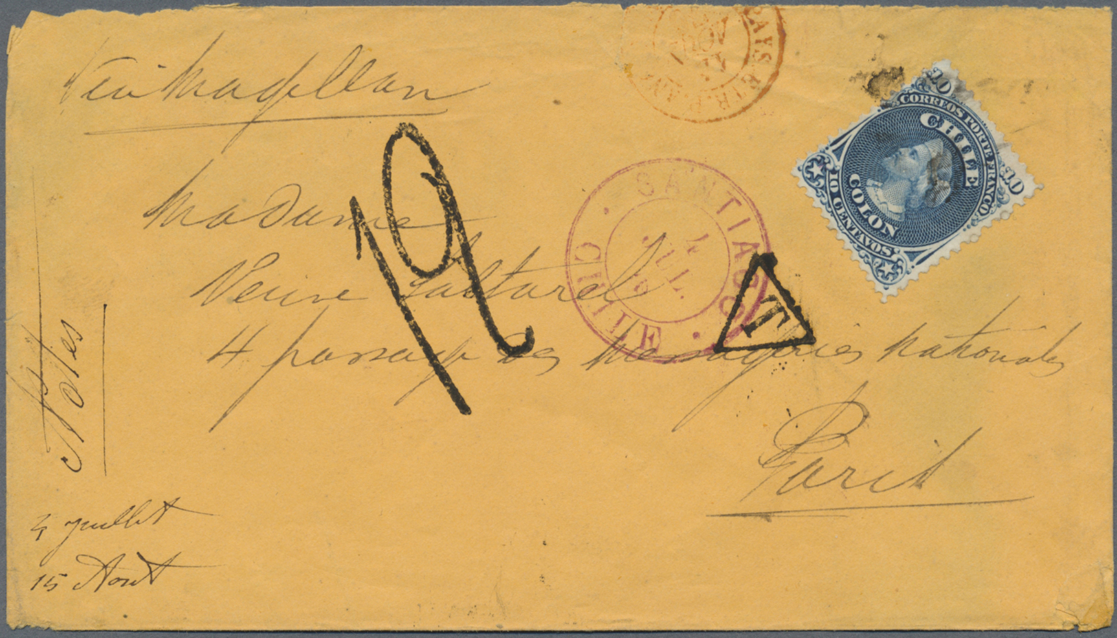 Br Chile: 1876. Roughly Opend Envelope Addressed To France Bearing Chile Yvert 14. 10c Blue Tied By Cork Cancel With San - Chile