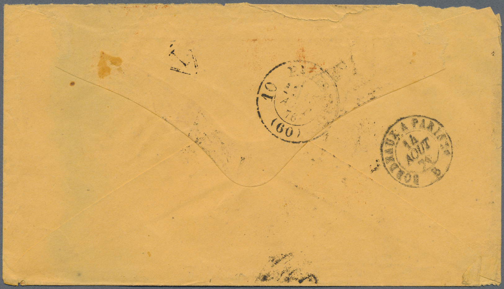 Br Chile: 1876. Roughly Opend Envelope Addressed To France Bearing Chile Yvert 14. 10c Blue Tied By Cork Cancel With San - Chile