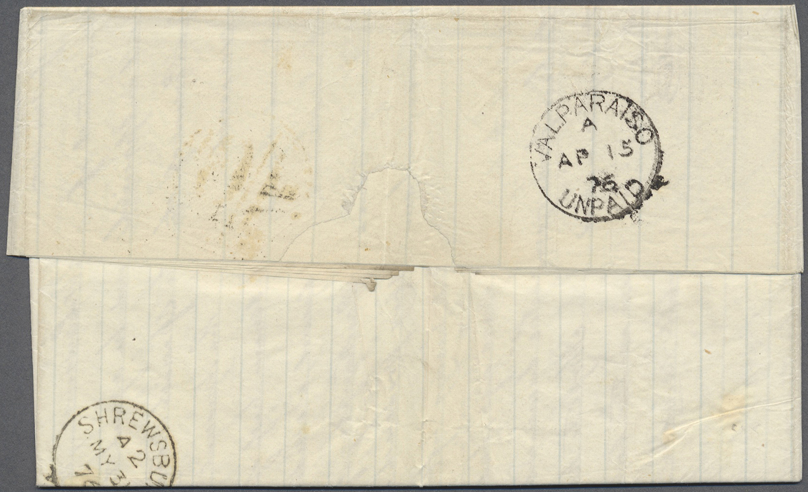 Br Chile: 1876. Stampless Envelope Written From 'Valparaiso' Dated 'April 14th 1876' Addressed To England Cancelled By ' - Chile