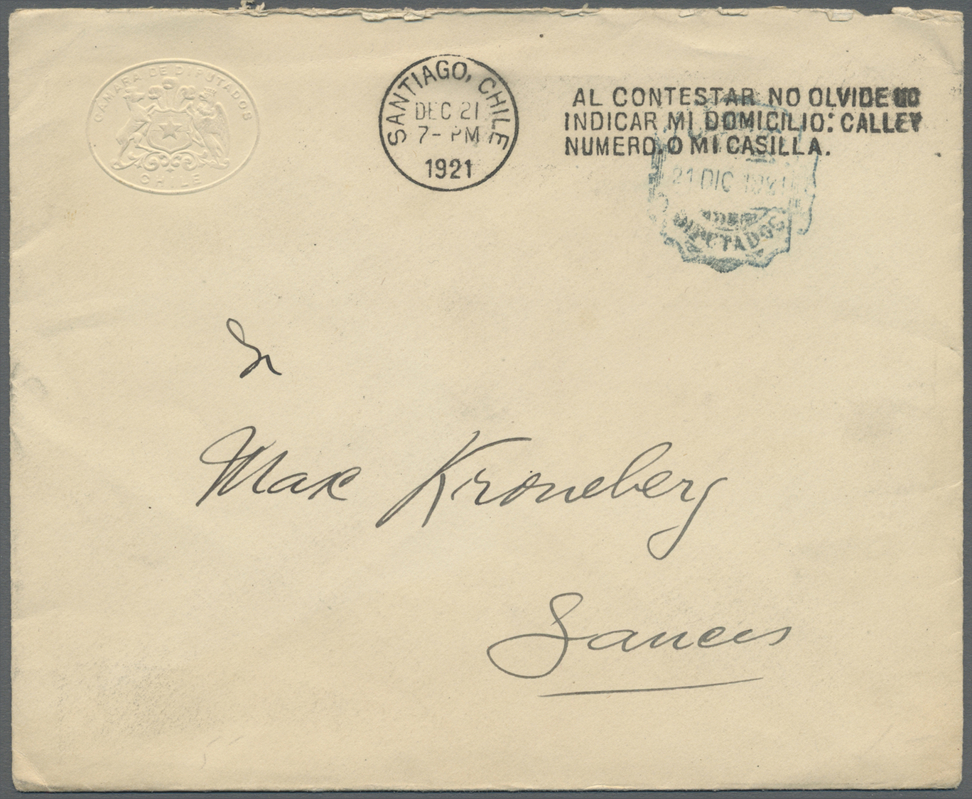 Br Chile: 1904/1932, CAMARA DE DIPUTADOS, Four Used Envelopes With Embossed Imprint "Camara De Diputados - Chile", 3 Of  - Chile