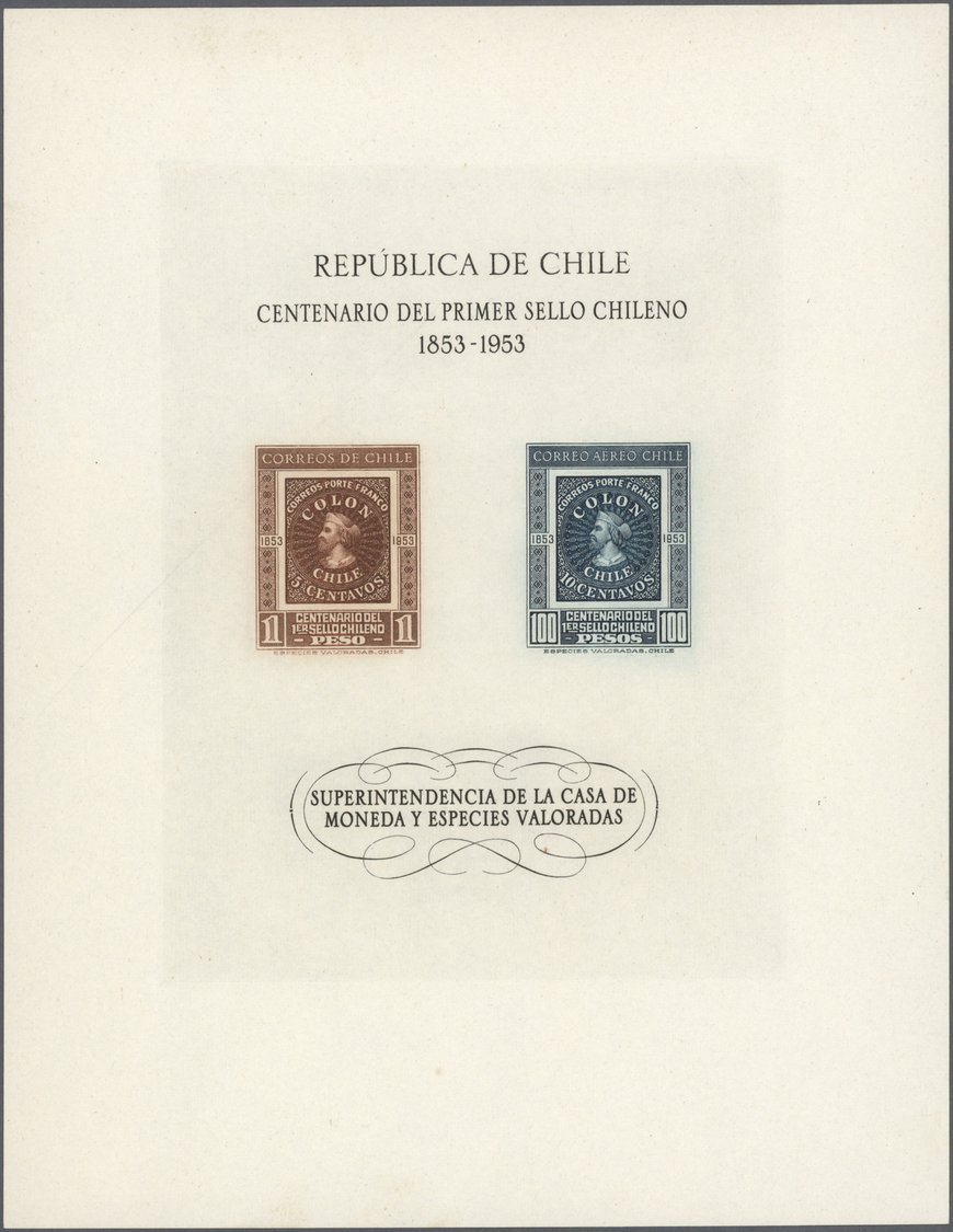 (*) Chile: 1953, 100 Jahre Chilenische Briefmarken: 2 Werte Ungezähnt Im Gedenkblatt Auf Ungummierten Papier Ohne Wasser - Chile