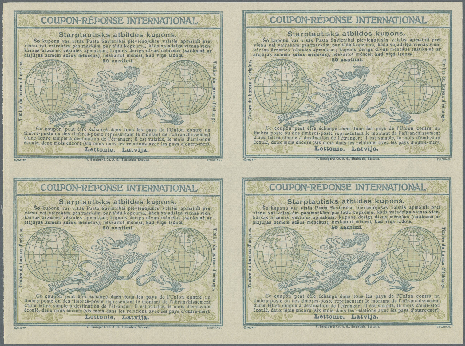 GA Lettland - Ganzsachen: Design "Madrid" 1920 International Reply Coupon As Block Of Four 50 Santimi Latvija. Ba - Lettonie