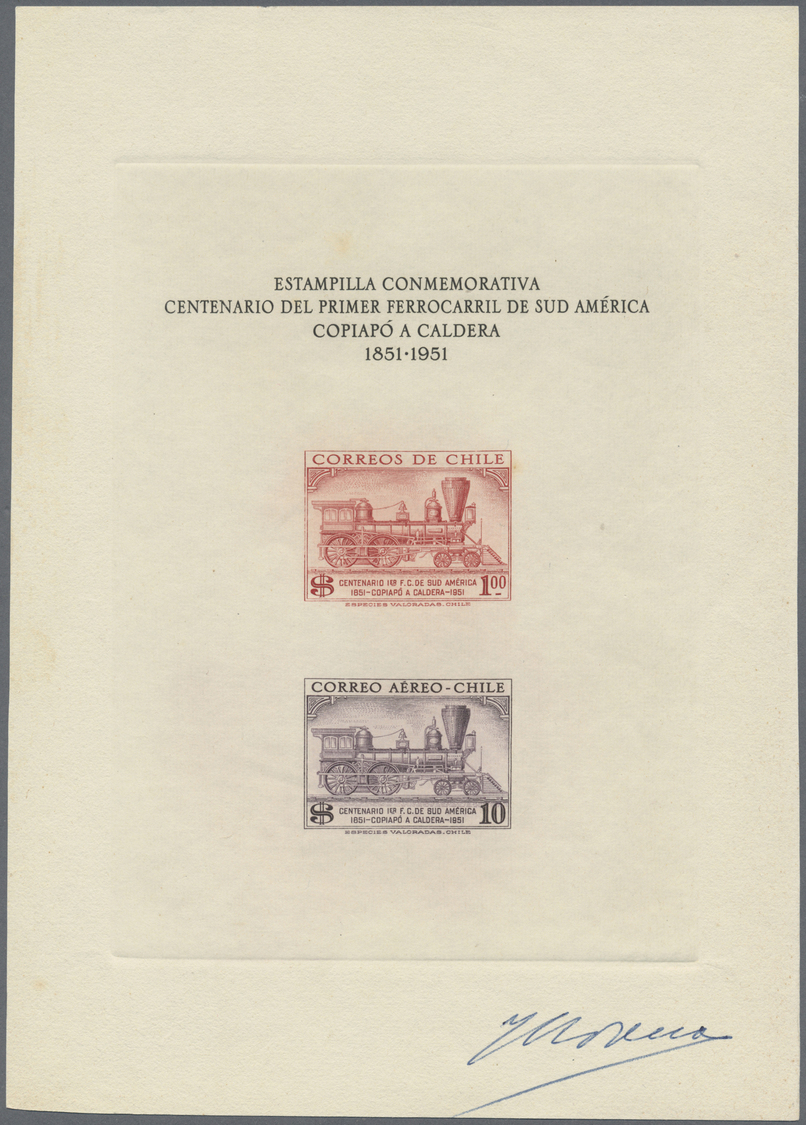 (*) Chile: 1954, 100 Years Of Railway In South America, Souvenir Sheet With Locomotive 1 P. And 10 P. On Paper Without G - Chile
