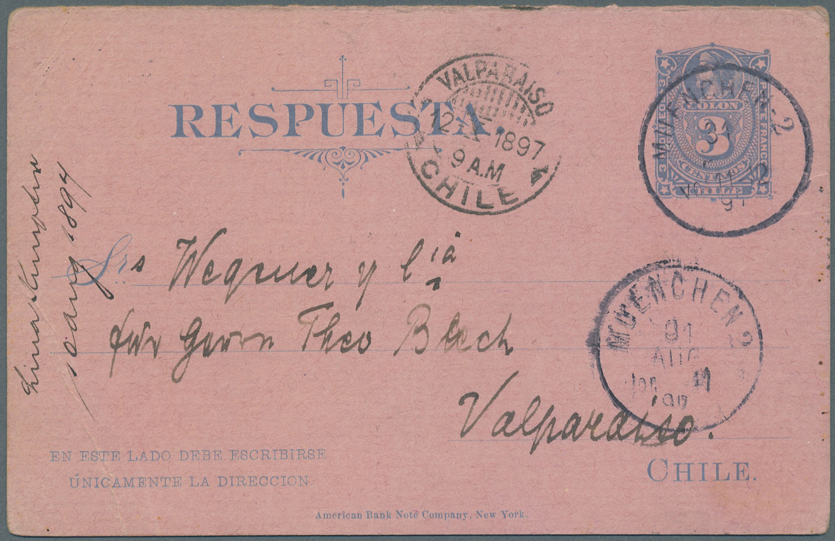 GA Chile - Ganzsachen: 1897, 3 Ctv.green Postal Stationery Reply Card Sent Back To Chile, Fine Strike "MUENCHEN", Arriva - Chili