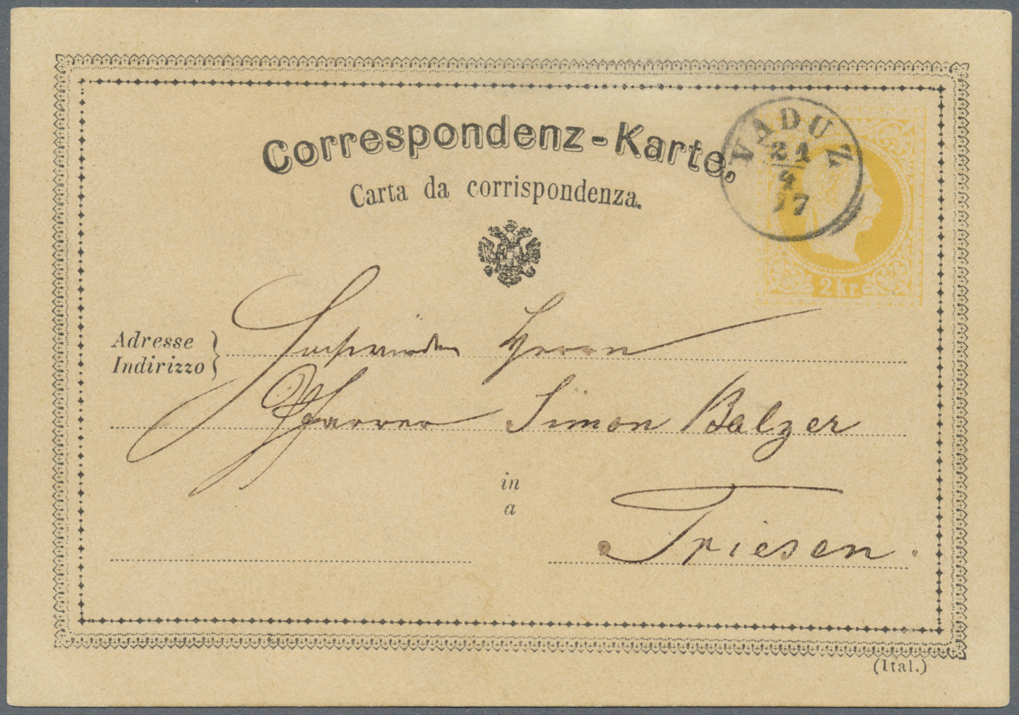 GA Liechtenstein - Vor- Und Mitläufer: 1872: Österreichische Ganzsachenkarte 2 Kr. Gelb Mit Deutsch-italienischem - ...-1912 Préphilatélie