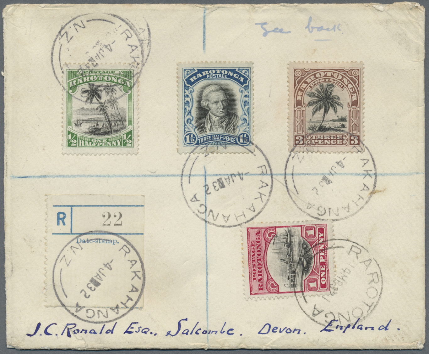 Br Cook-Inseln: 1932, 1/2d, 1 1/&2d, 3d Tied "RAKAHANGA 4 JA 32" And 1d Tied "RAROTIONGA 14 MR 32" To Registered Cover T - Cook Islands