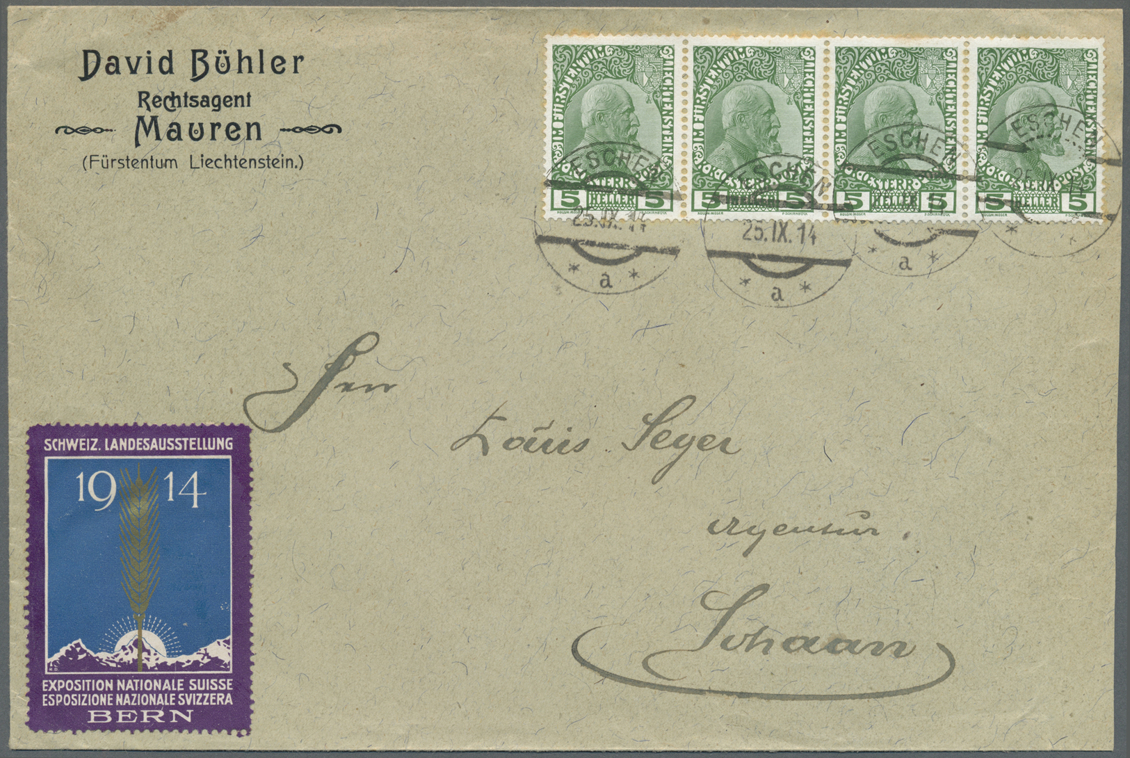 Br Liechtenstein: 1912/1914, 2x5 H.Fürst Auf Damenbriefchen Und 4x 5 H. Auf Größerem Geschäftsbrief, Interessante - Lettres & Documents