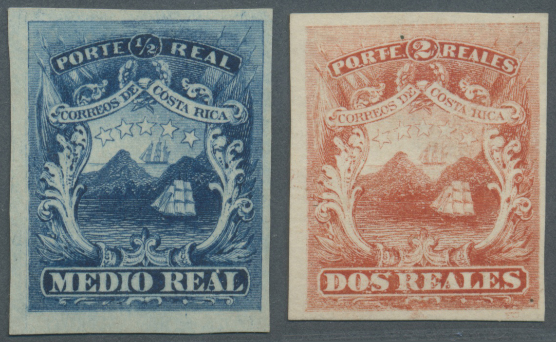 (*) Costa Rica: Ca. 1862, Two Proofs From The First Issue Medio Real Blue And Dos Reales Pale-rose Not Perforated. Witho - Costa Rica