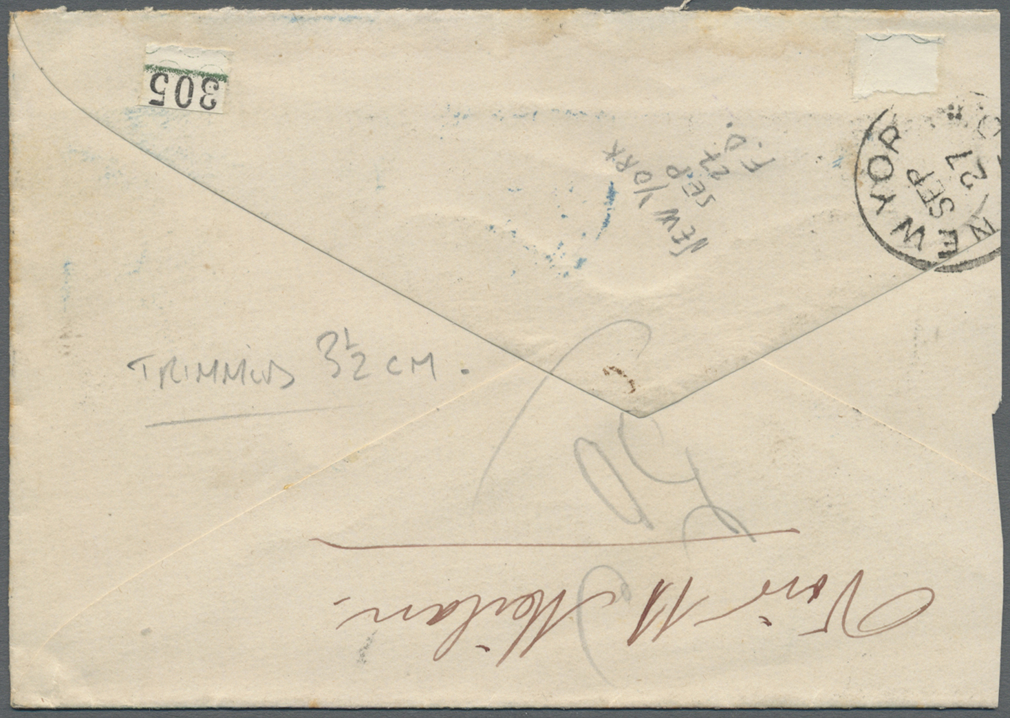 Br Costa Rica: 1882 Cover (trimmed 3.5 Cm At Left) To Paris Bearing 1863 2r. Red With Blue "cross" Cancel In Crayon, PAN - Costa Rica