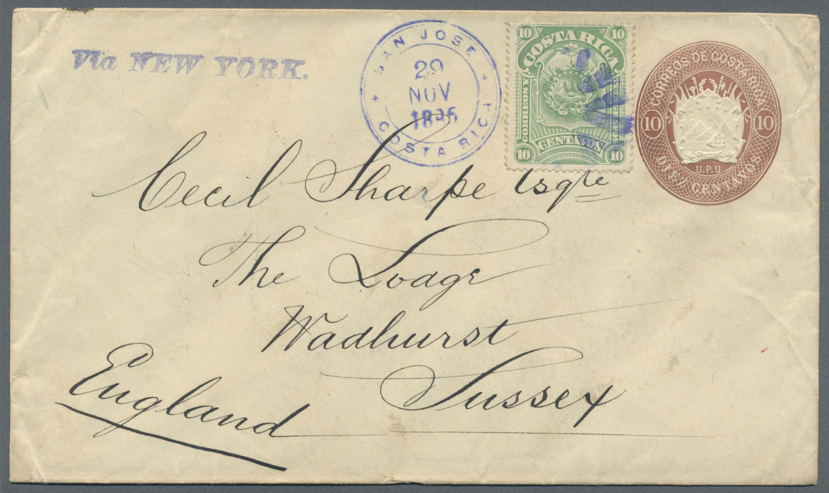 GA Costa Rica: 1895. Postal Stationery Envelope 10c Brown Upgraded With Yvert 34, 10c Green Tied By Cork Cancel With Adj - Costa Rica