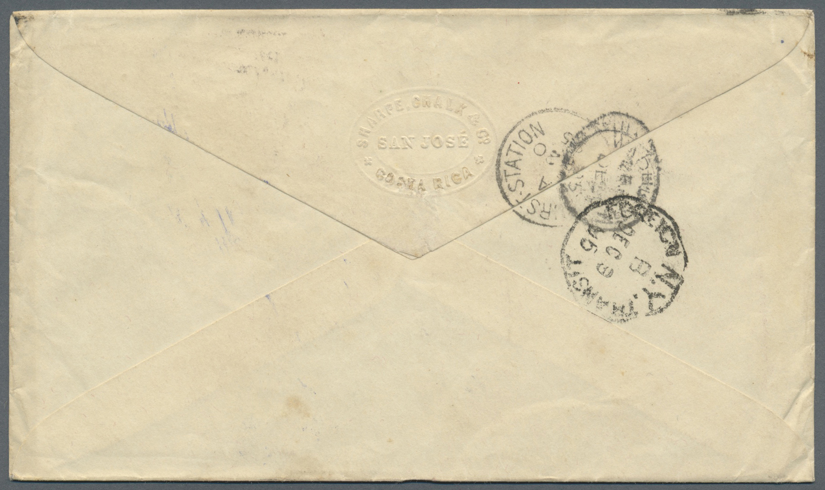 GA Costa Rica: 1895. Postal Stationery Envelope 10c Brown Upgraded With Yvert 34, 10c Green Tied By Cork Cancel With Adj - Costa Rica