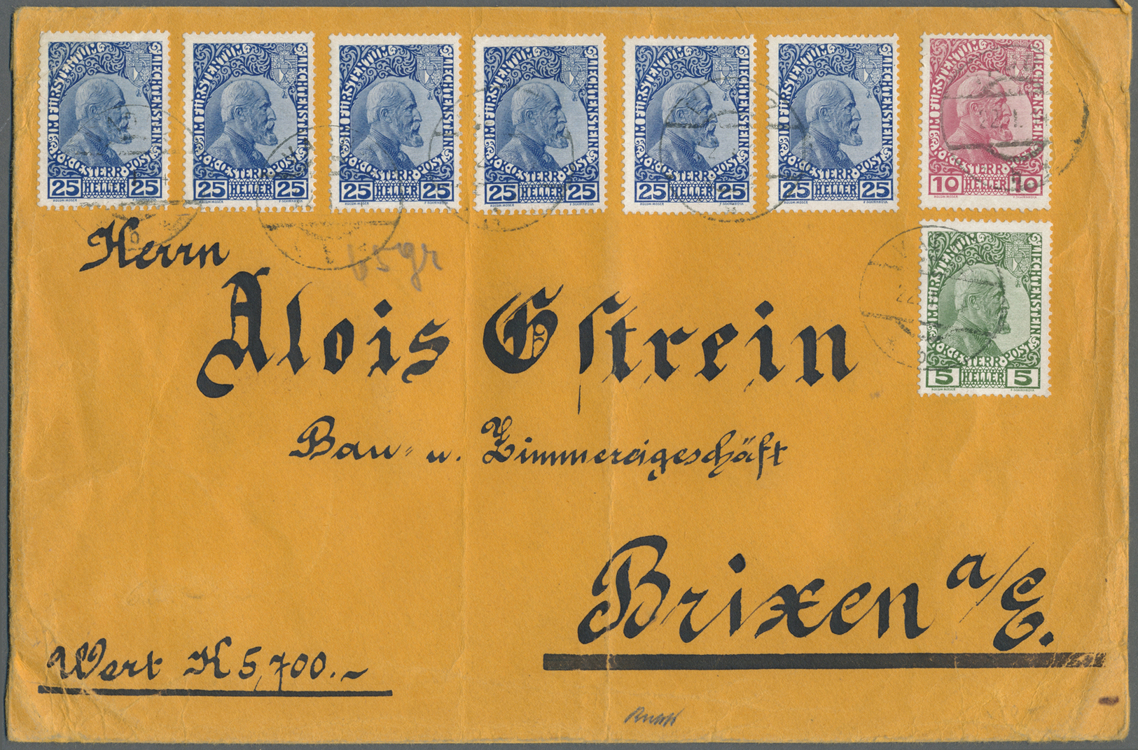 Br Liechtenstein: 1912, 5, 10 H. Fürst U. 6x 25 H. Gestr. Papier Auf Größerem Wert-Brief (Randknitter U. Mittig 2 - Lettres & Documents