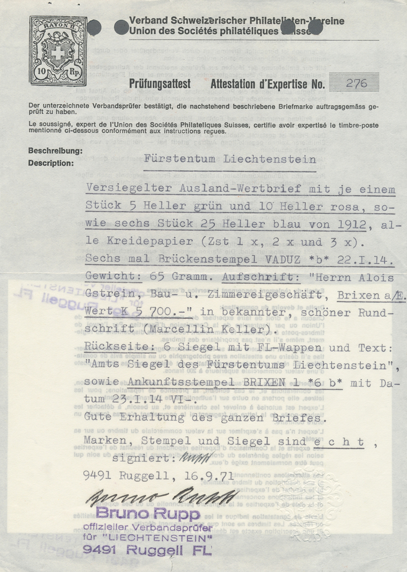 Br Liechtenstein: 1912, 5, 10 H. Fürst U. 6x 25 H. Gestr. Papier Auf Größerem Wert-Brief (Randknitter U. Mittig 2 - Lettres & Documents