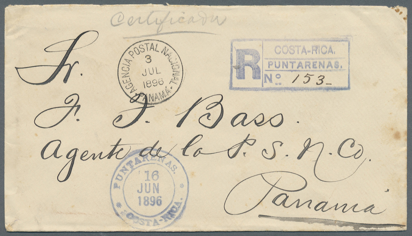 Br Costa Rica: 1896. Registered, Advice Of Receipt Envelope Addressed To 'Captain Bass, Agent P.S.N.C. Panama' Bearing Y - Costa Rica