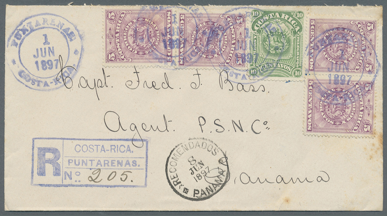 Br Costa Rica: 1897. Registered, Advice Of Receipt Envelope Addressed To 'Captain Bass, Agent P.S.N.C., Panama' Bearing  - Costa Rica