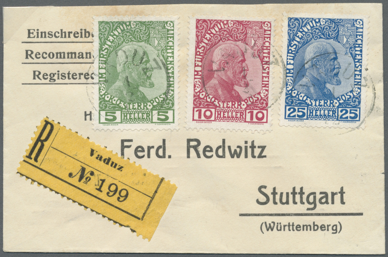 Liechtenstein: 1912, 5-25 H. Fürst Gestr. Papier Auf Sauberem Kleinem R-Brief Von Vaduz Mit EST Nach Stuttgart - Covers & Documents