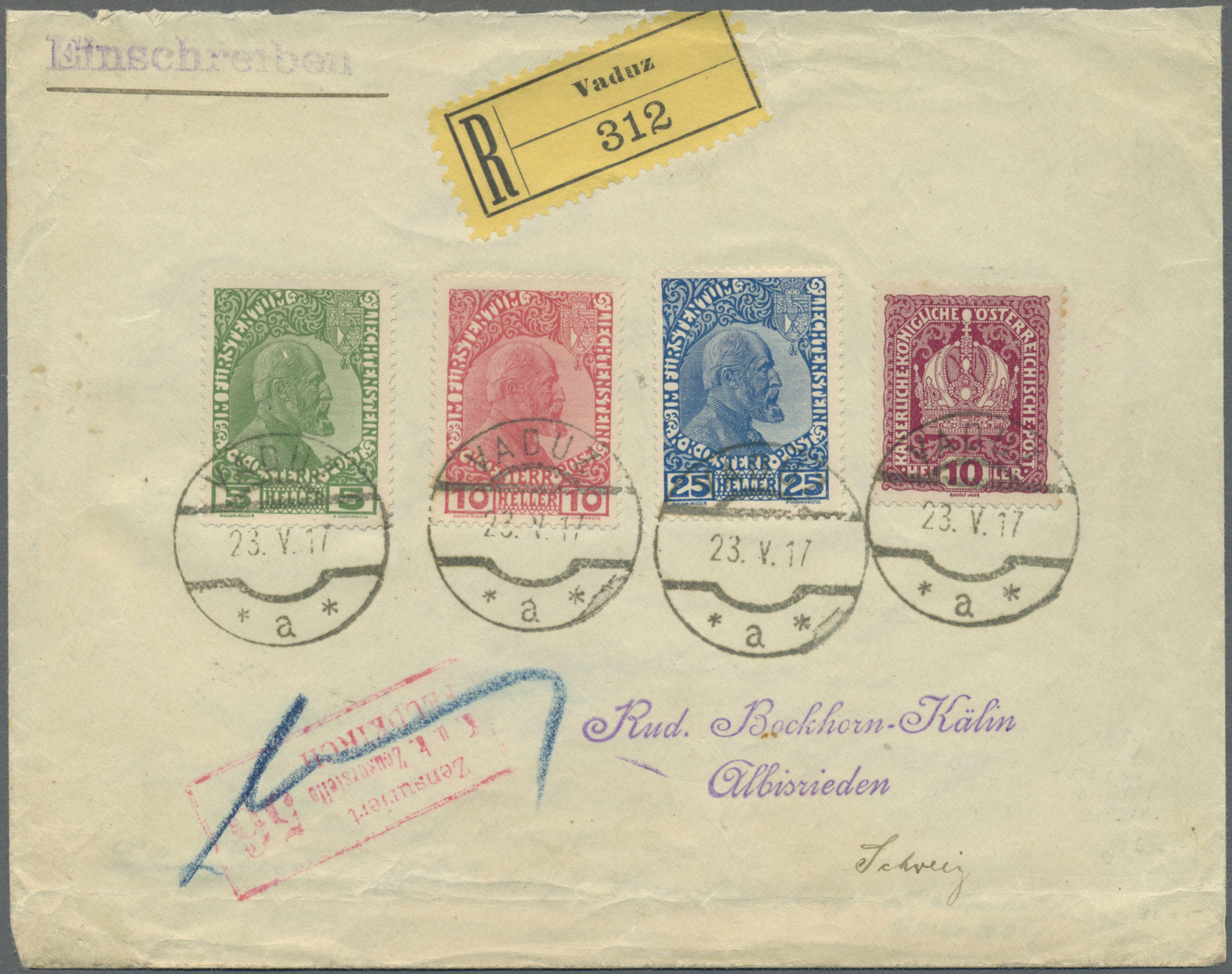 Br Liechtenstein: 1917, 5-25 H. Fürst Gew. Papier In MiF Mit Österreich-Mitläufer 10 H. Krone Auf R-Zensur-Brief - Lettres & Documents