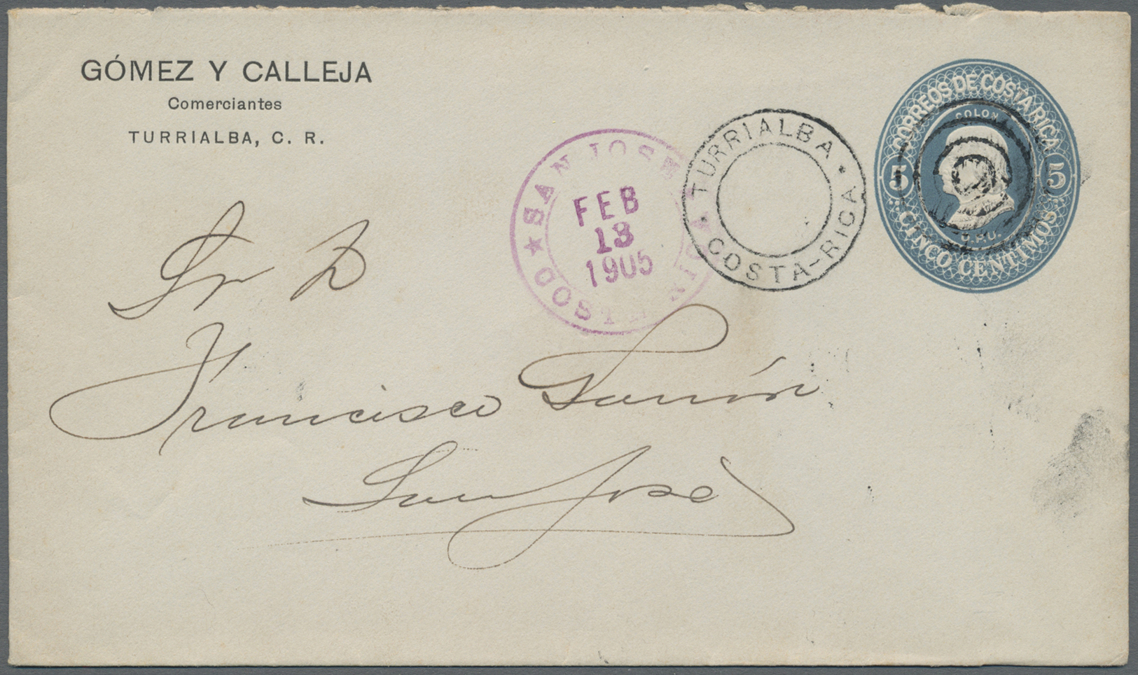 GA Costa Rica: 1905. Postal Stationery Envelope 5c Blue Cancelled By Undated 'Turrialba/Costa-Rica' Duplex Addressed To  - Costa Rica