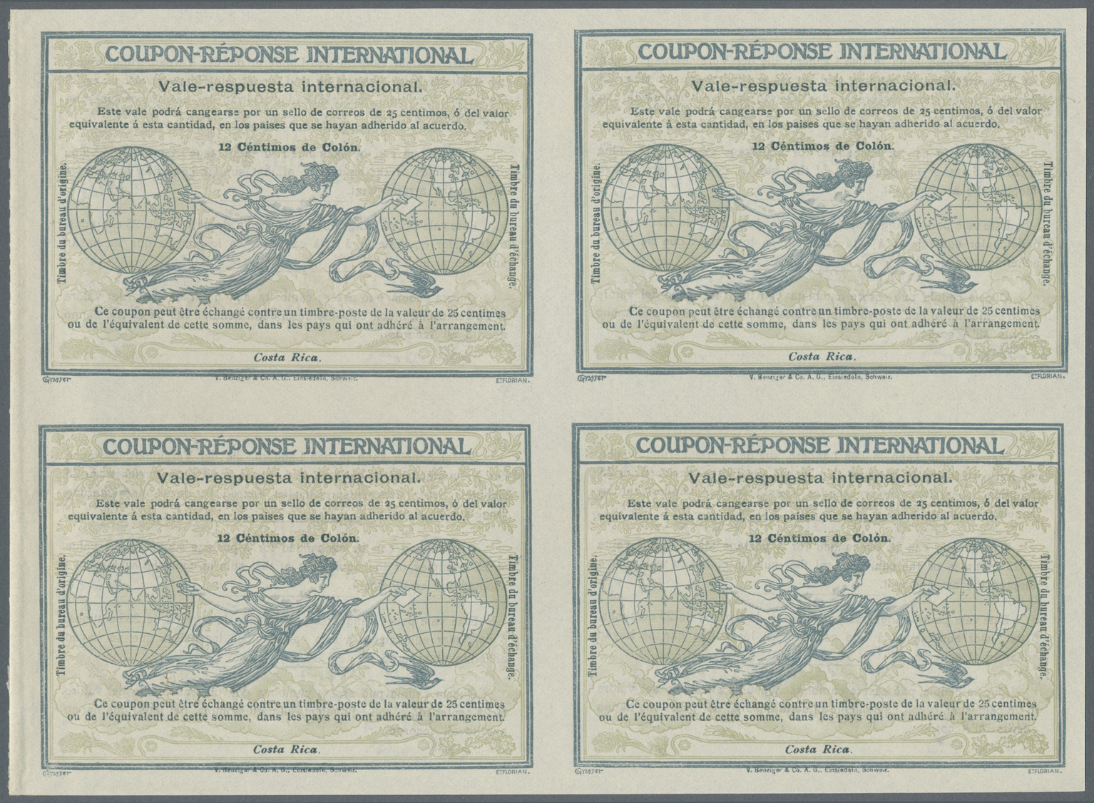 GA Costa Rica: Design "Rome" 1906 International Reply Coupon As Block Of Four 12 C. Costa Rica. This Block Of Internatio - Costa Rica