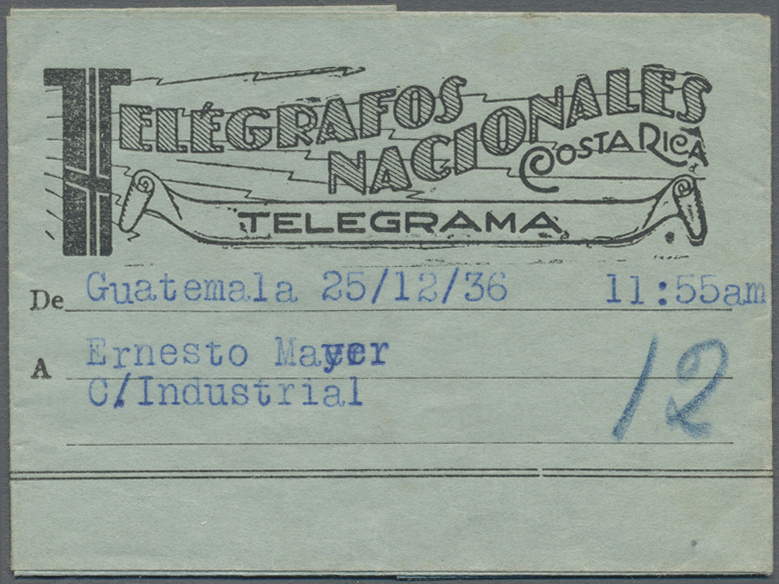 Br Costa Rica: 1936 (25.12.), Telegram Form 'TELEGRAFOS NACIONALES TELEGRAMA COSTA RICA' Used For Incoming Telegram From - Costa Rica