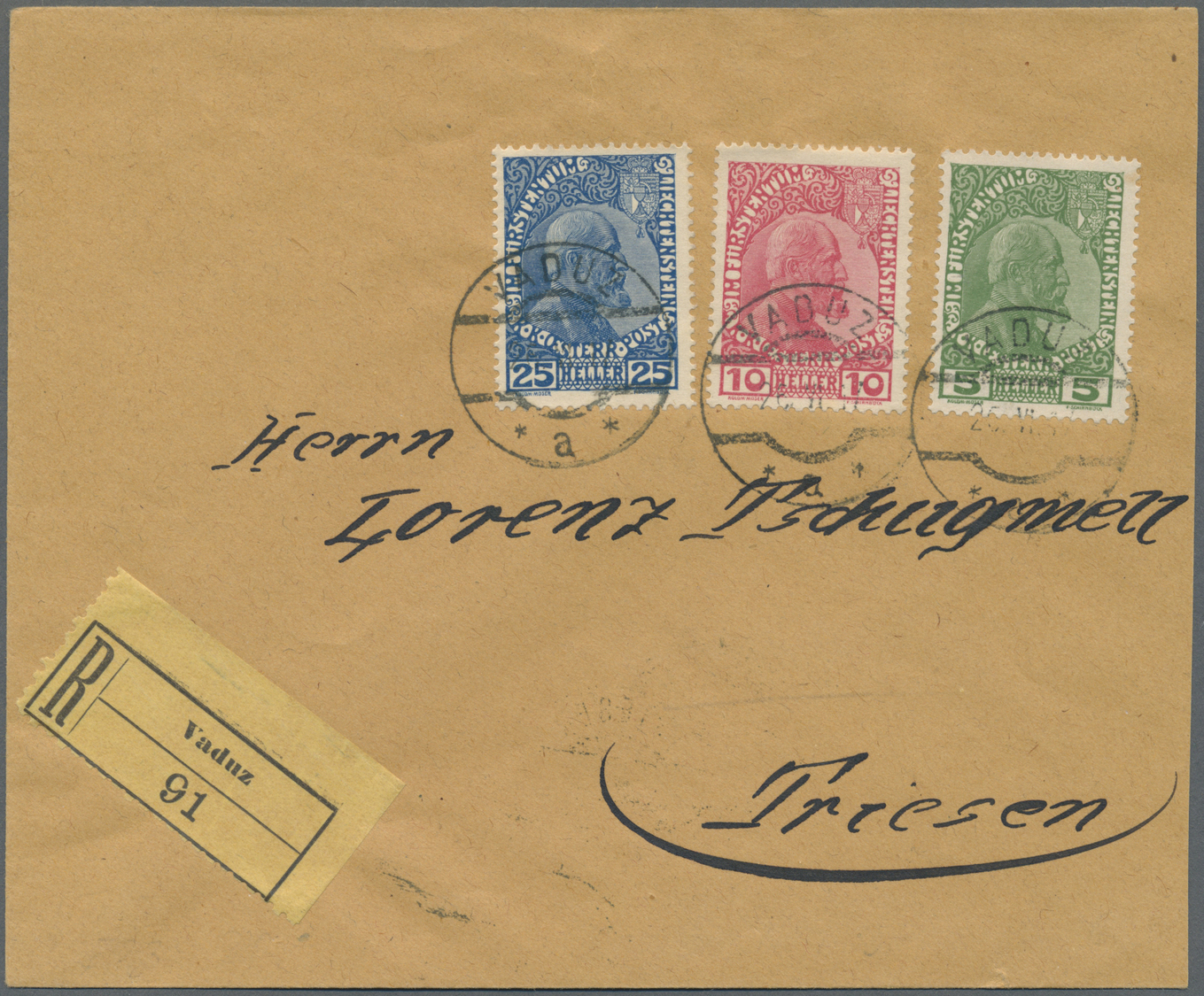 Br Liechtenstein: 1914/17, 5-25 H. Fürst Gestr. U. Norm. Papier Kompl. Auf 2 Echt Gelaufenen Sehr Sauberen R-Brie - Covers & Documents