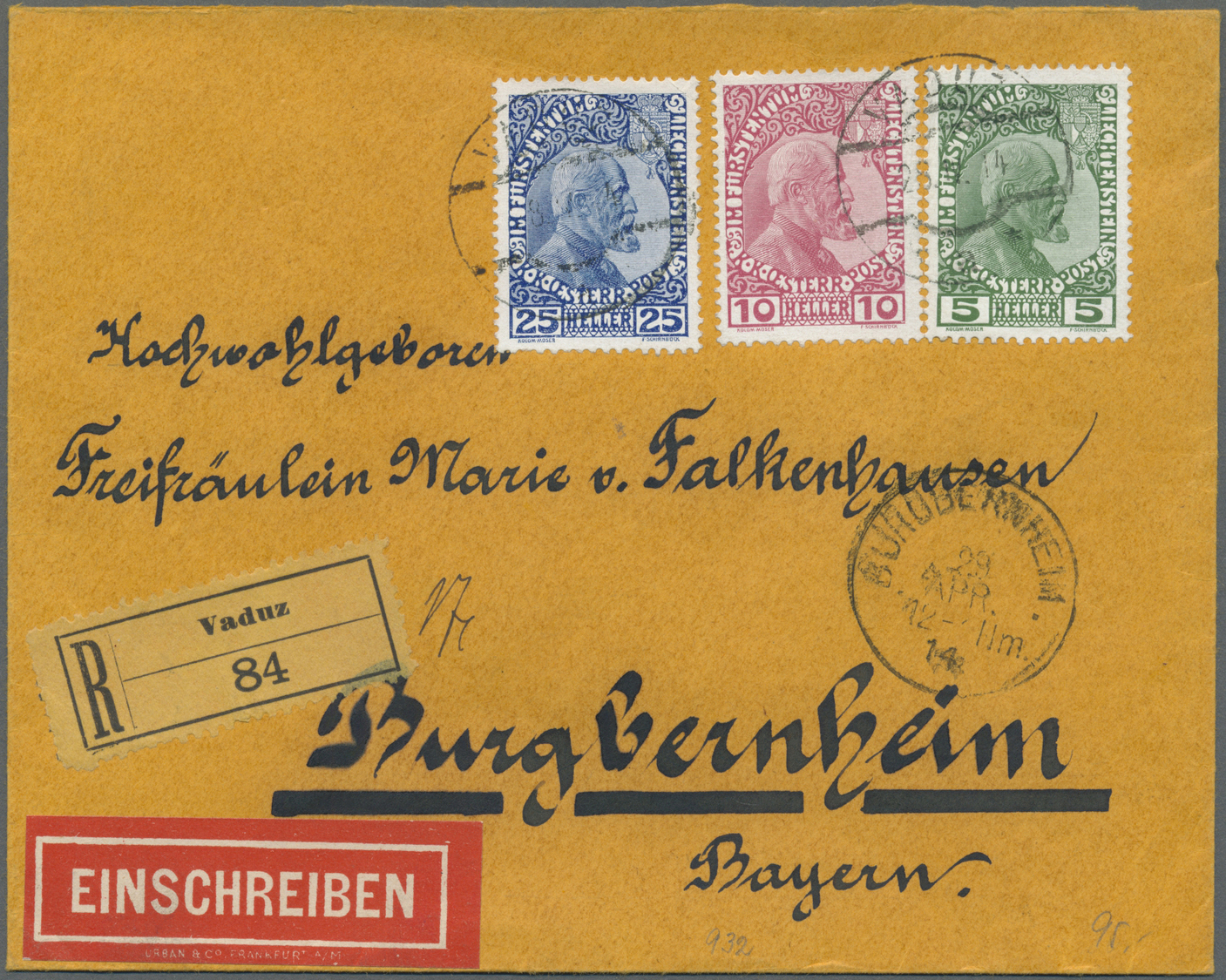 Br Liechtenstein: 1914/17, 5-25 H. Fürst Gestr. U. Norm. Papier Kompl. Auf 2 Echt Gelaufenen Sehr Sauberen R-Brie - Lettres & Documents