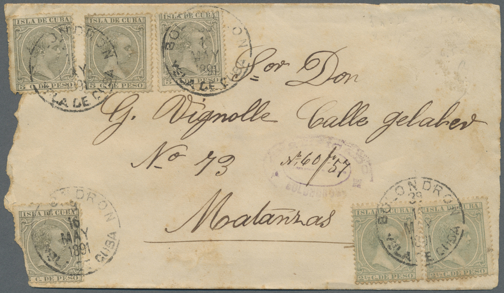 Br Cuba - Spanische Kolonie: 1891. Envelope (roughly Opened At Left Affecting Two Adhesives) Addressed To To Matamas Bea - Cuba (1874-1898)
