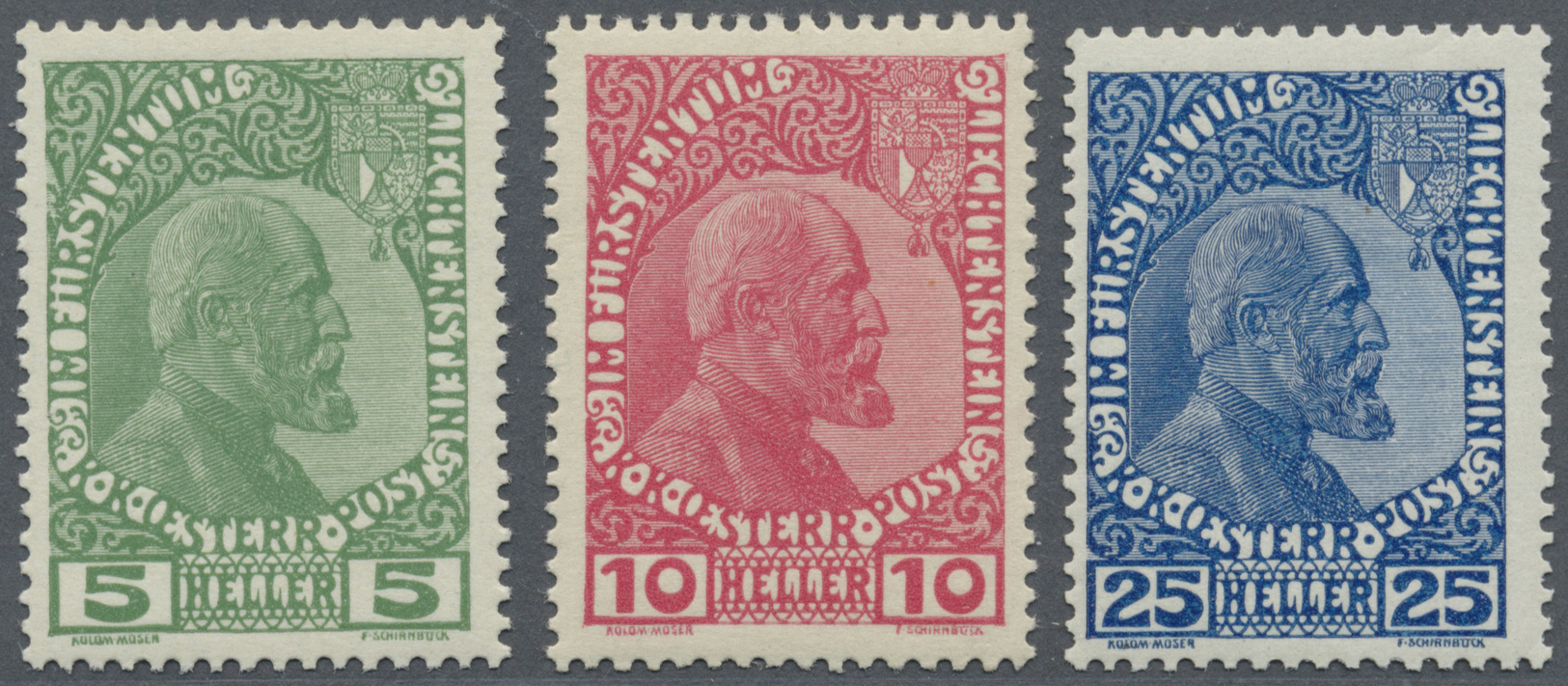 ** Liechtenstein: 1912, Freimarken 5 H. Dunkelgrün, 10 H. Dunkelrosarot Und 25 H. Dunkelkobalt, Gewöhnliches Papi - Lettres & Documents