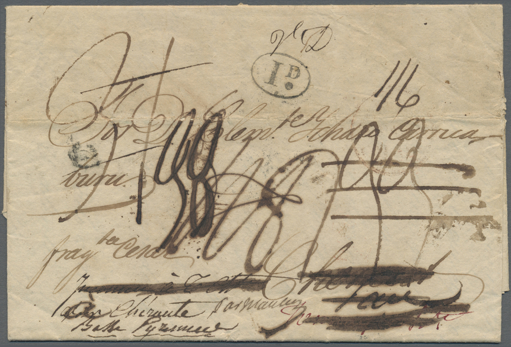 Br Cuba: 1838. Pre Stamp Envelope (soiled) To France Written From Havana Dated '17th Feb 1838' Charged '1/6' And Routed  - Other & Unclassified