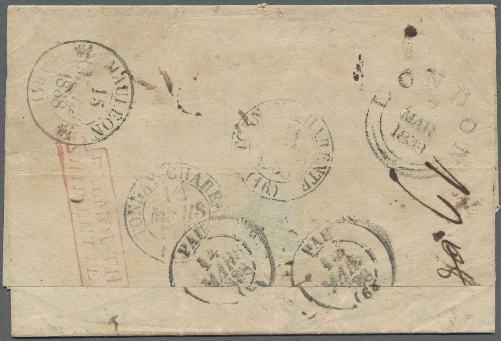 Br Cuba: 1838. Pre Stamp Envelope (soiled) To France Written From Havana Dated '17th Feb 1838' Charged '1/6' And Routed  - Other & Unclassified