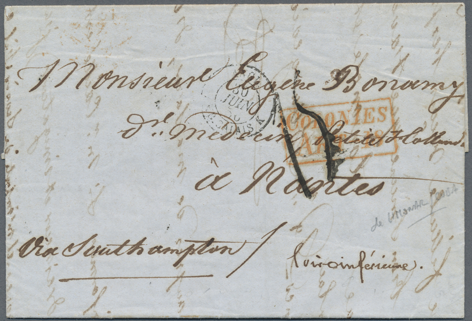 Br Cuba: 1856. Envelope Written From Limonar ‘1st Jun 1856’ Addressed To France, Routed Via The British Post Office Hava - Other & Unclassified