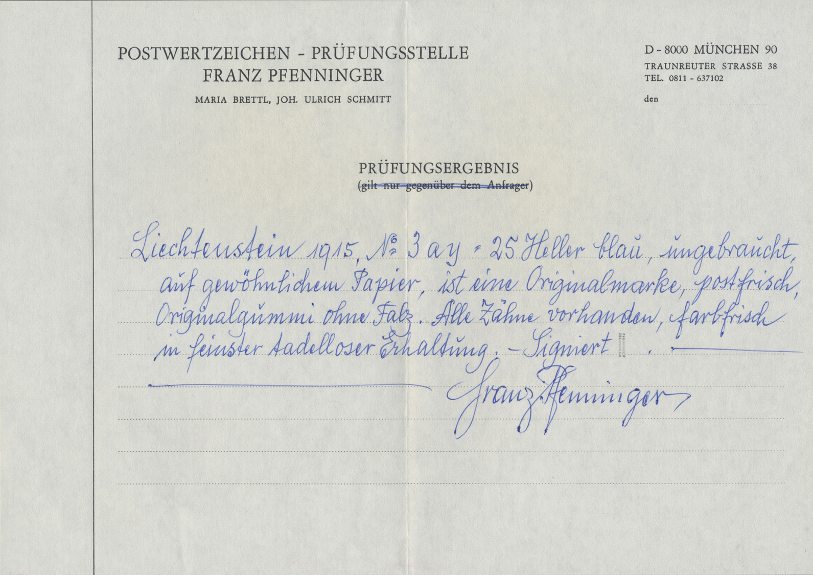 ** Liechtenstein: 1912, 25 Heller Postfrisch, Echt Und Einwandfrei, Sign. Und Attest Pfenninger, Mi 3250.- - Covers & Documents