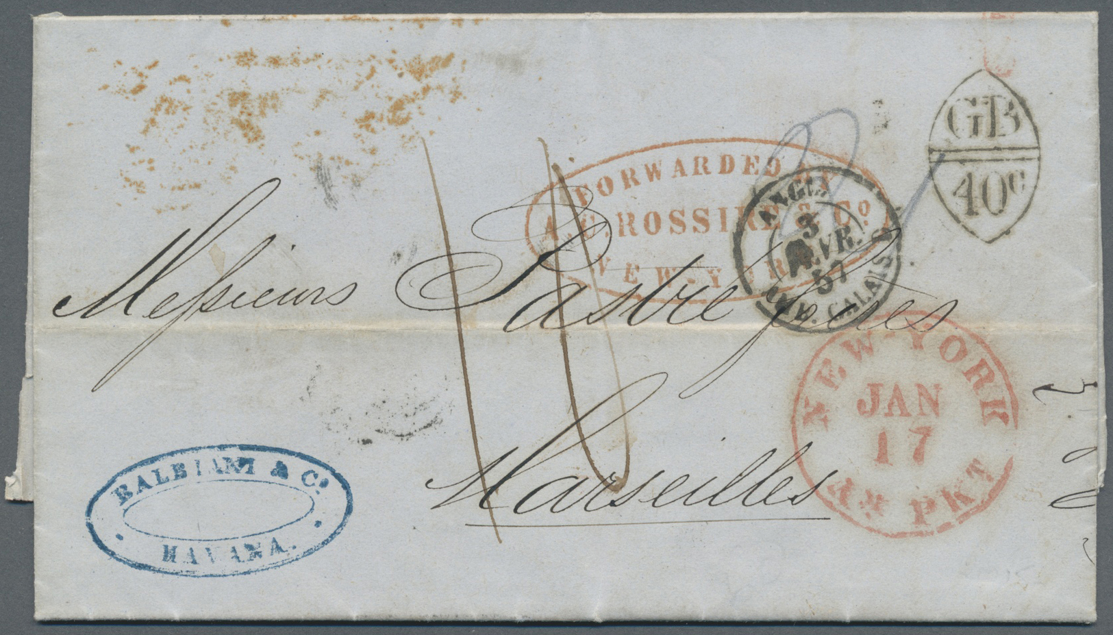 Br Cuba: 1857. Stampless Envelope Written From Havana Dated '7 Jan 1857' Addressed To France With Oval 'Balbian & Co/Hav - Other & Unclassified