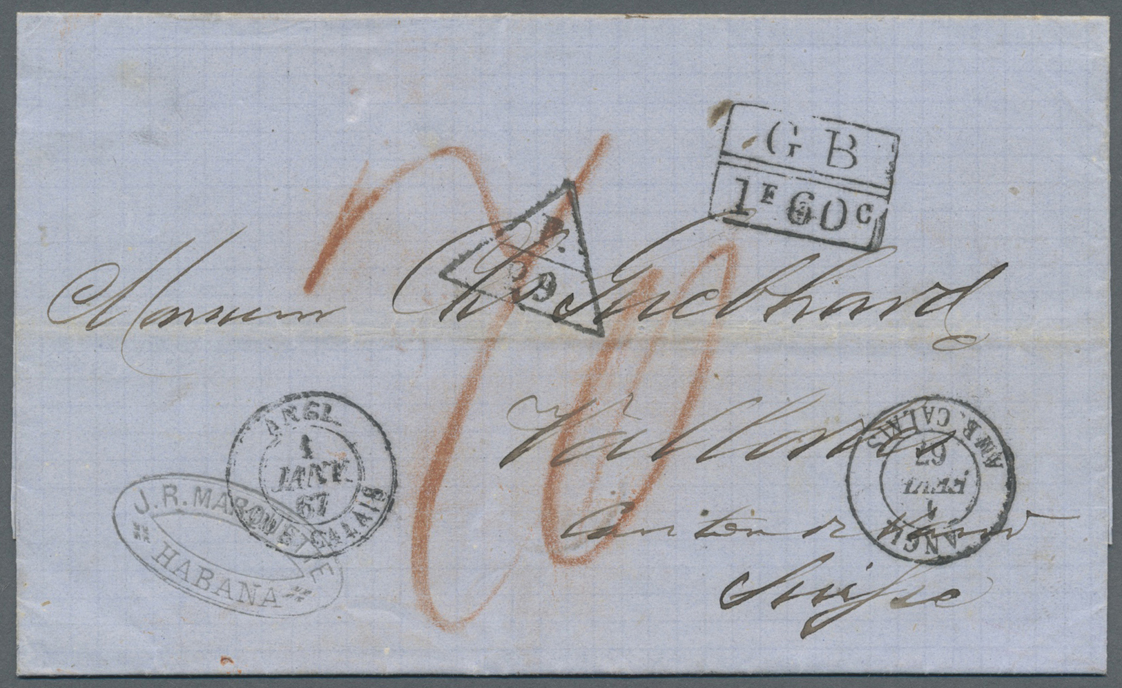 Br Cuba: 1867. Stampless Envelope From 'J.R, Marouette, Habana' Addressed To Switzerland, Routed Via London And Paris Wi - Other & Unclassified